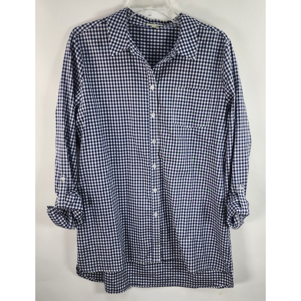 Tyler Boe Button Down Top Women's L Blue White Gingham Preppy High Low Hem